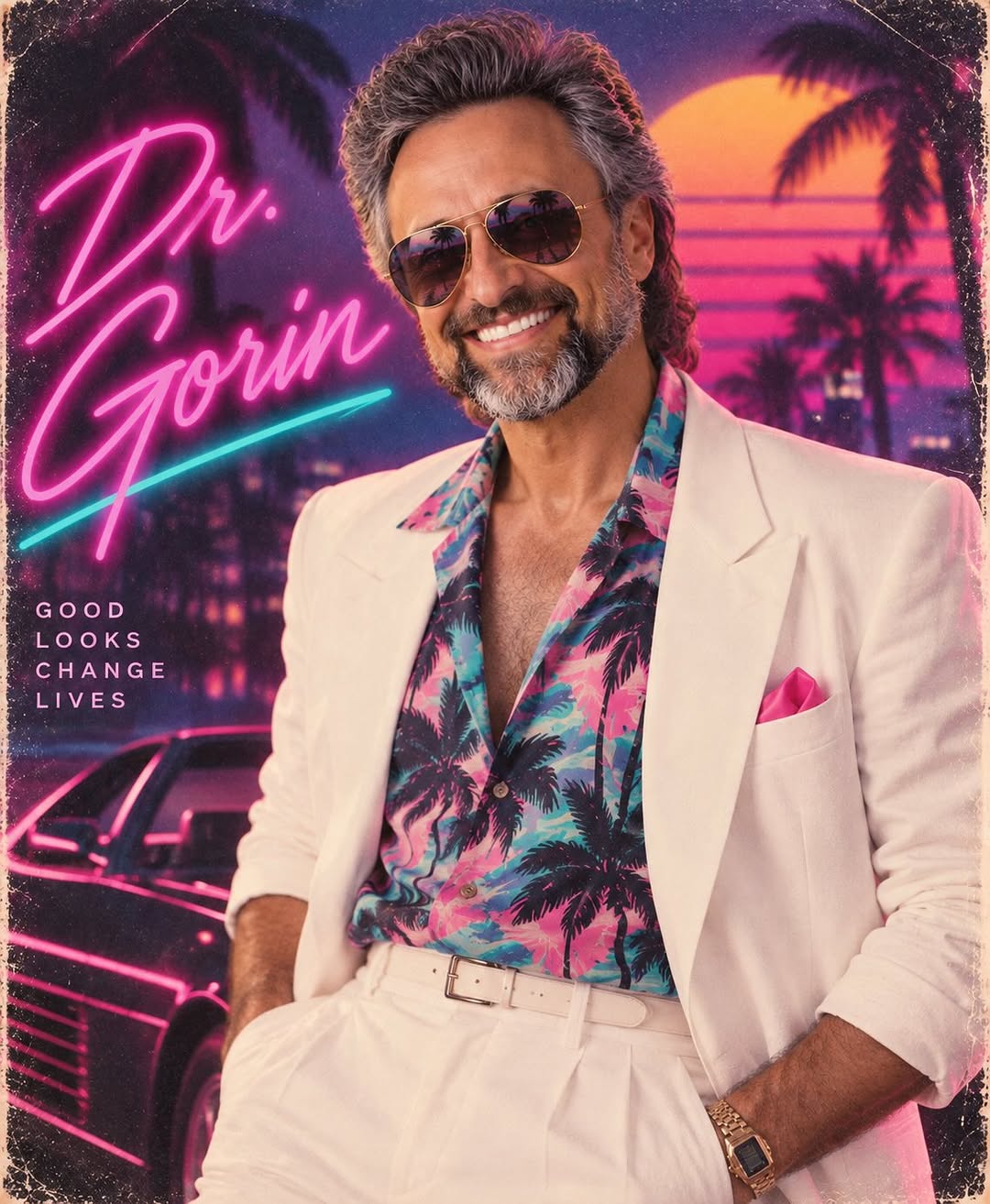 Instagram post by Dr. Aaron D. Gorin: 😂 Apparently Dr. Gorin missed the memo that the 80s are over… Big hair. Aviators. Neon. Scrubs. Surgical tools. Because when you’re a plast…