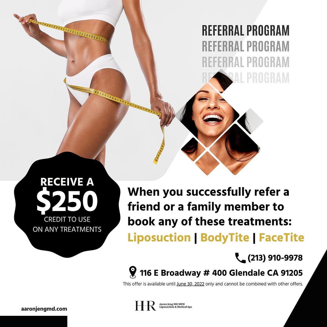 Instagram post by Dr. Aaron Jeng: 📣 Help your friends and family look better, feel better, and live healthier lives. Receive a $250 credit to use on any treatment of your ch…