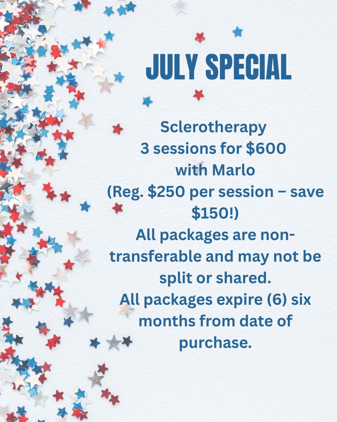 Instagram post by Dr. Adam Gropper: 🇺🇸 America may be turning 250... but our favorite number this month is 600! ㅤ Celebrate with our July Special: ✨ 3 Sclerotherapy Sessions …