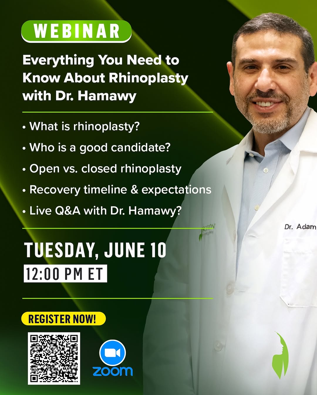 Instagram post by Dr. Adam Hamawy: Considering a nose job? Join our free Rhinoplasty Webinar hosted by Dr. Hamawy. Register Now! Link in bio. 📅 Tuesday, June 10 🕕 12:00 PM E…