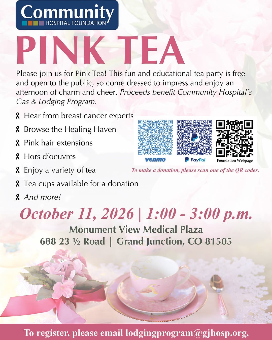 Instagram post by Dr. Adam L. Baker: One month until Pink Tea! Please join the Community Hospital Foundation on October 11 for a fun and educational afternoon honoring breast ca…