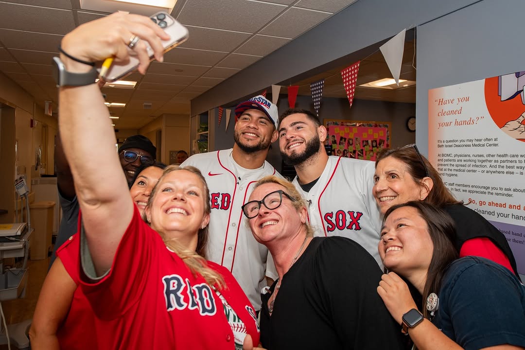 Instagram post by Dr. Adam M. Tobias: It was a day full of smiles at BIDMC! @RedSox players Wilyer Abreu and Willson Contreras stopped by to visit with patients and staff before …