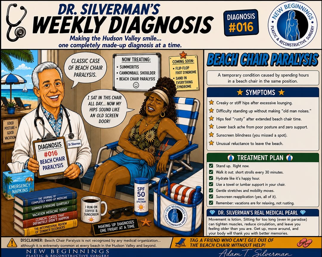 Instagram post by Dr. Adam Silverman: 🩺 Dr. Silverman’s Weekly Diagnosis 📋 Case Report Today’s patient arrived with a classic summer complaint… “Doctor… I’ve been sitting in th…