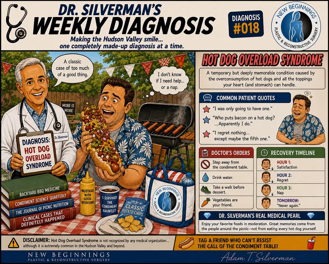 Instagram post by Dr. Adam Silverman: 🩺 Dr. Silverman’s Weekly Diagnosis 🌭 Diagnosis #018: Hot Dog Overload Syndrome 📋 Case Report Today’s patient arrived looking perfectly he…