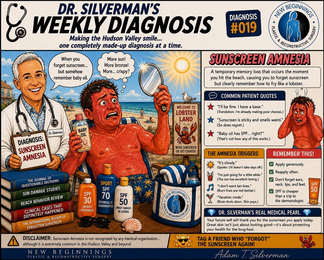 Instagram post by Dr. Adam Silverman: ☀️ Diagnosis #019: Sunscreen Amnesia 📋 Case Report Today’s patient walked into the office proudly announcing, “Doctor… I hardly ever wear s…