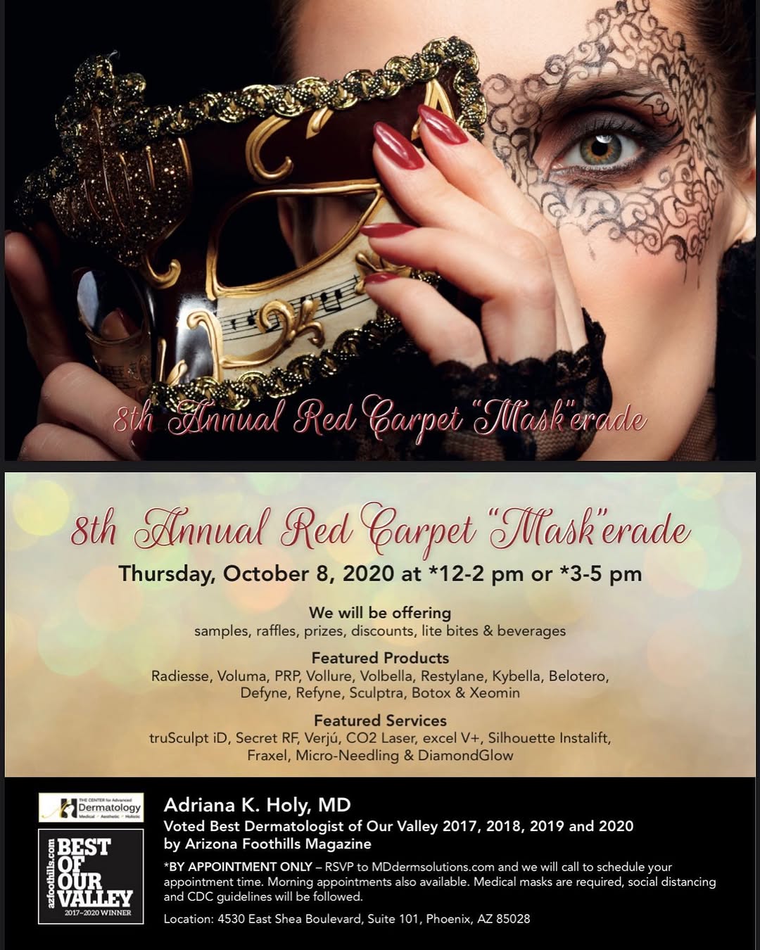 Instagram post by Dr. Adriana K. Holy: Call us to RSVP for our 8th Annual Red Carpet “Mask”erade - BY APPOINTMENT ONLY.