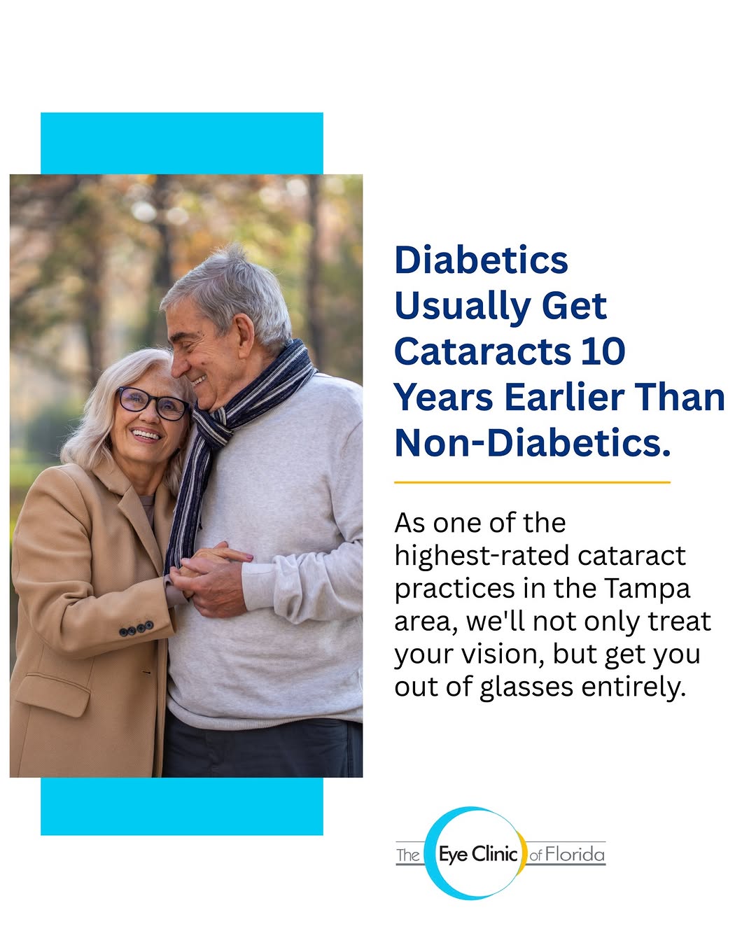 Instagram post by Dr. Ahad Mahootchi: Diabetics typically develop cataracts 10 years earlier than non-diabetics, and we're here to help 👁️ As one of Tampa's highest-rated catara…