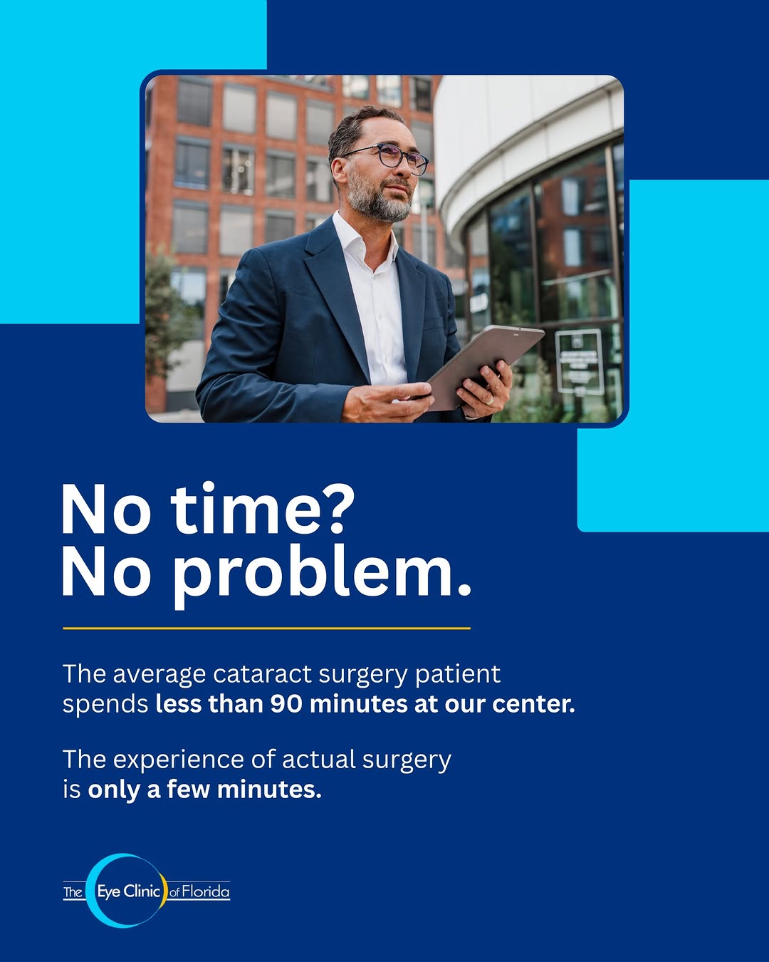 Instagram post by Dr. Ahad Mahootchi: The average cataract patient spends less than 90 minutes at our center, and the surgery itself? Just a few minutes ⏱️ Don't let time be the …