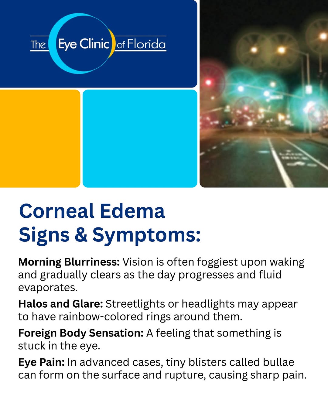 Instagram post by Dr. Ahad Mahootchi: Waking up with blurry vision or seeing halos around lights? These could be signs of corneal edema, and it's worth getting checked out. Don't…