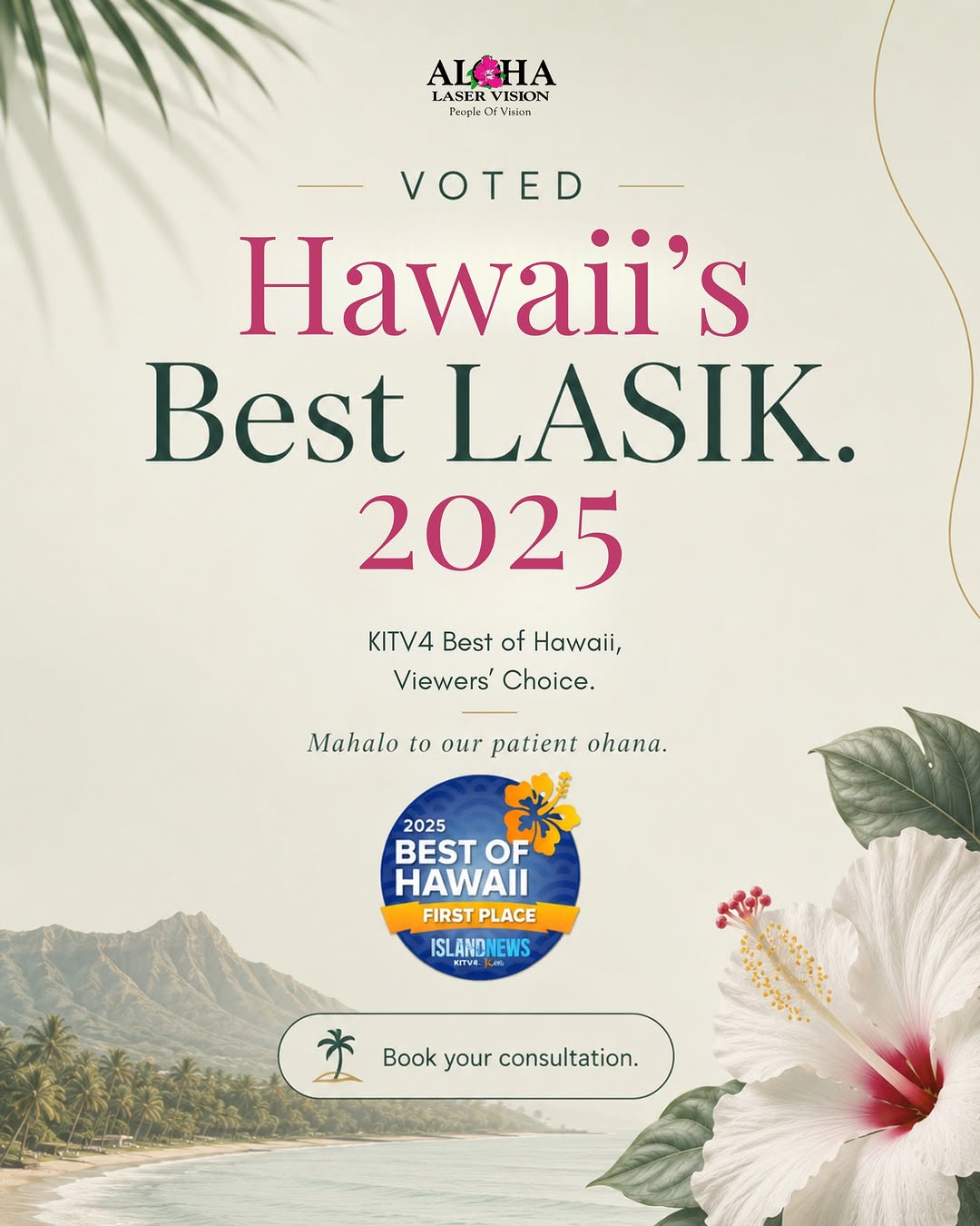 Instagram post by Dr. Alan Faulkner: Hawaii’s Best LASIK for 2025! 🏆 We’re incredibly honored to be voted KITV4 Best of Hawaii, Viewers’ Choice! This recognition means even mor…