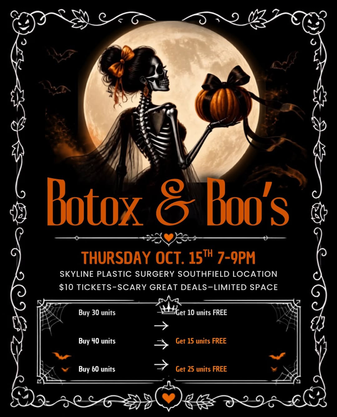 Instagram post by Dr. Alberto Aviles: Spooky Season, But Make It ✨GLOW✨ Your Halloween plans just got a little more fabulous. 🎃💉 Join us for Botox & Boos for a night of beauty,…