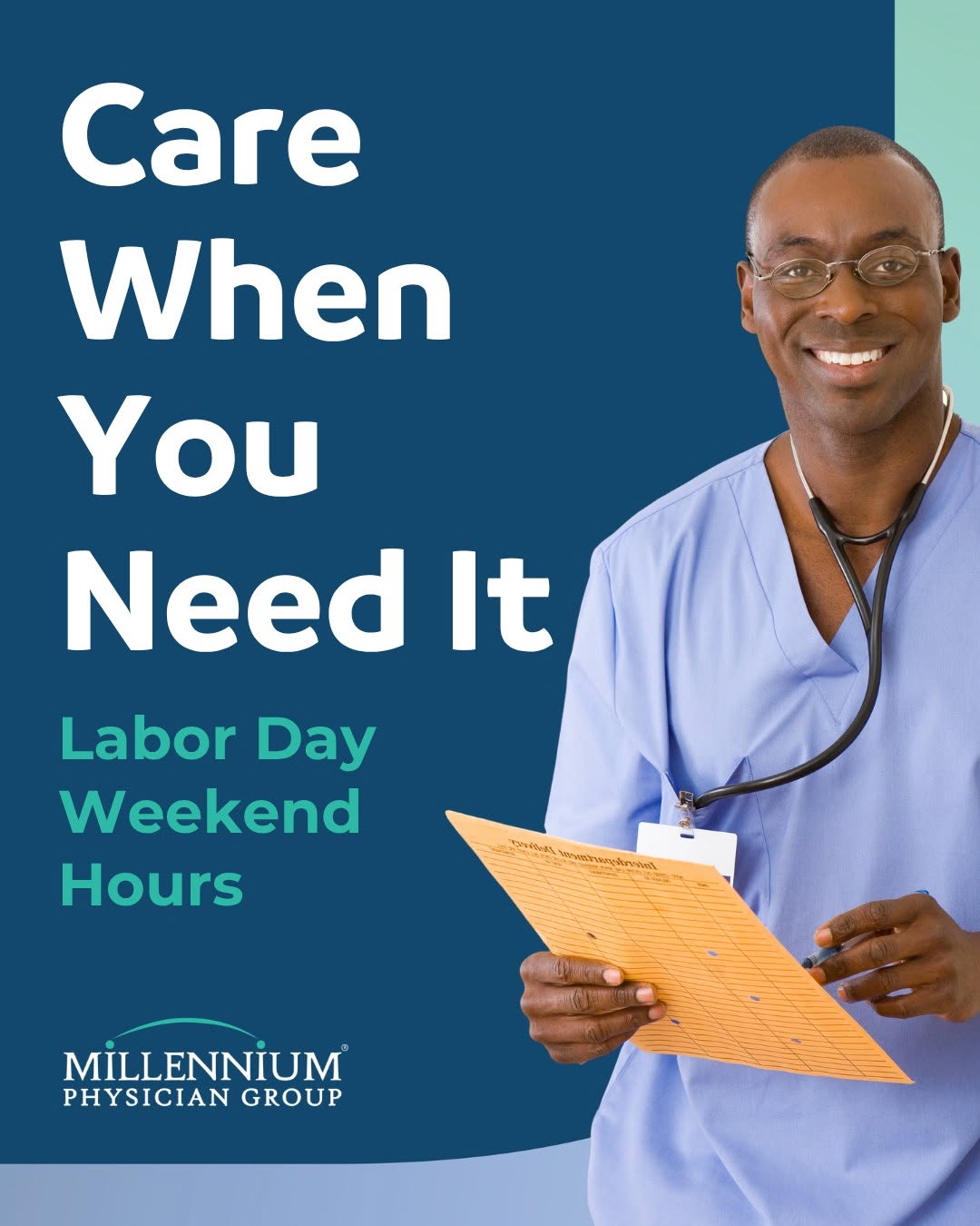 Instagram post by Dr. Aldene McKenzie, DO: Need care over the Labor Day holiday? We're here to provide care when you need it. 💙 All Millennium primary care offices will be closed on …