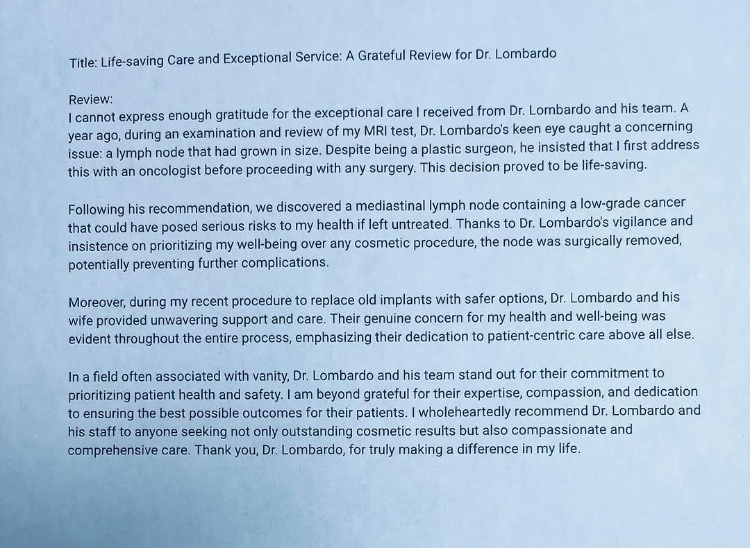 Instagram post by Dr. Aldo A. Lombardo: Humbled by this google review from a grateful patient 😊#allureplasticsurgery #drlombardo @allurejml