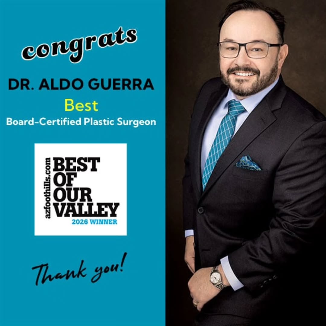 Instagram post by Dr. Aldo Guerra: 🎉 Big News! Dr. Guerra has been named the Best Board-Certified Plastic Surgeon in the Best of Our Valley 2026! Thank you to our amazing pat…