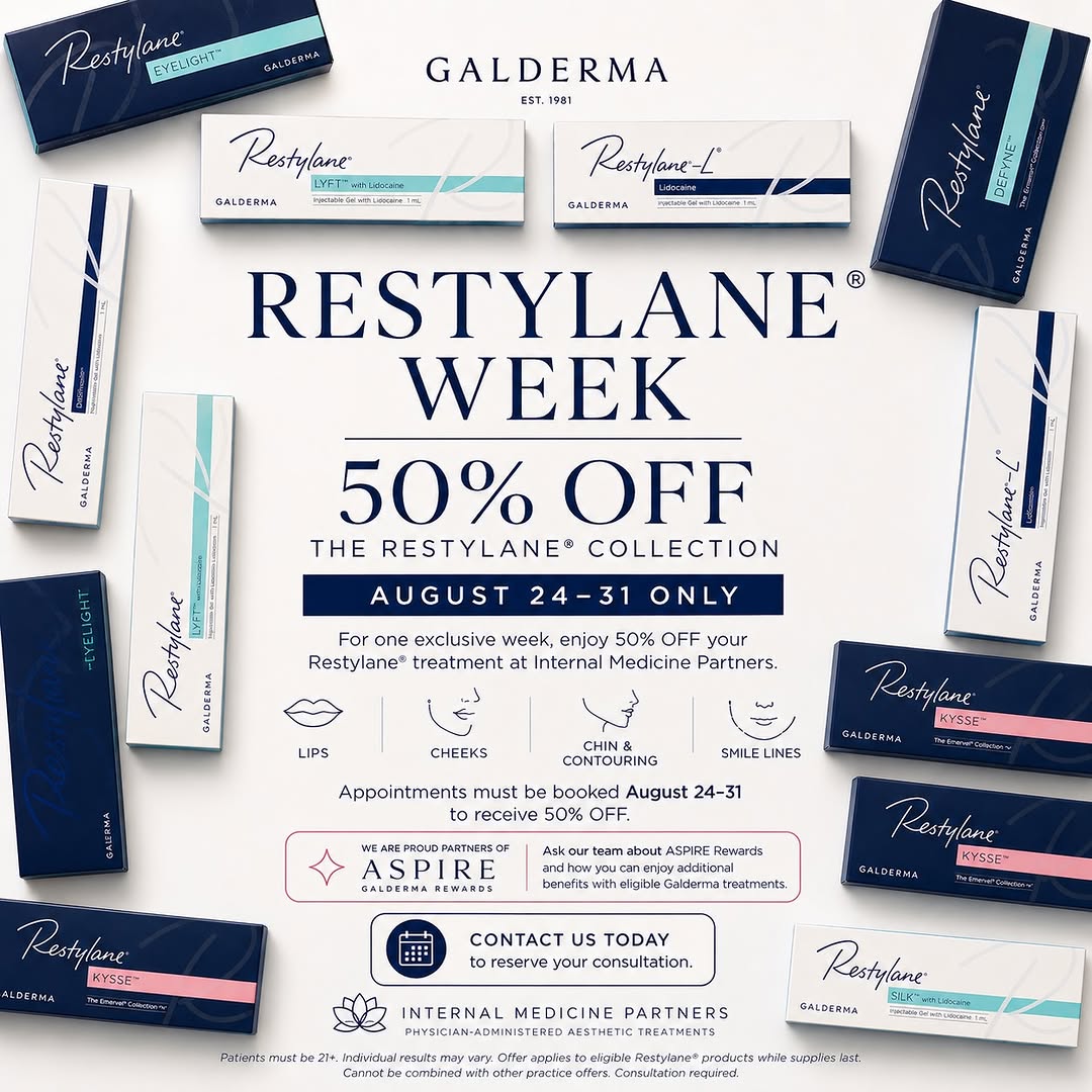 Instagram post by Dr. Alejandro Blanco: ✨ RESTYLANE® WEEK | 50% OFF ✨ For ONE WEEK ONLY, enjoy 50% OFF the Restylane® Collection at Internal Medicine Partners. 📅 August 24–31 💋 L…