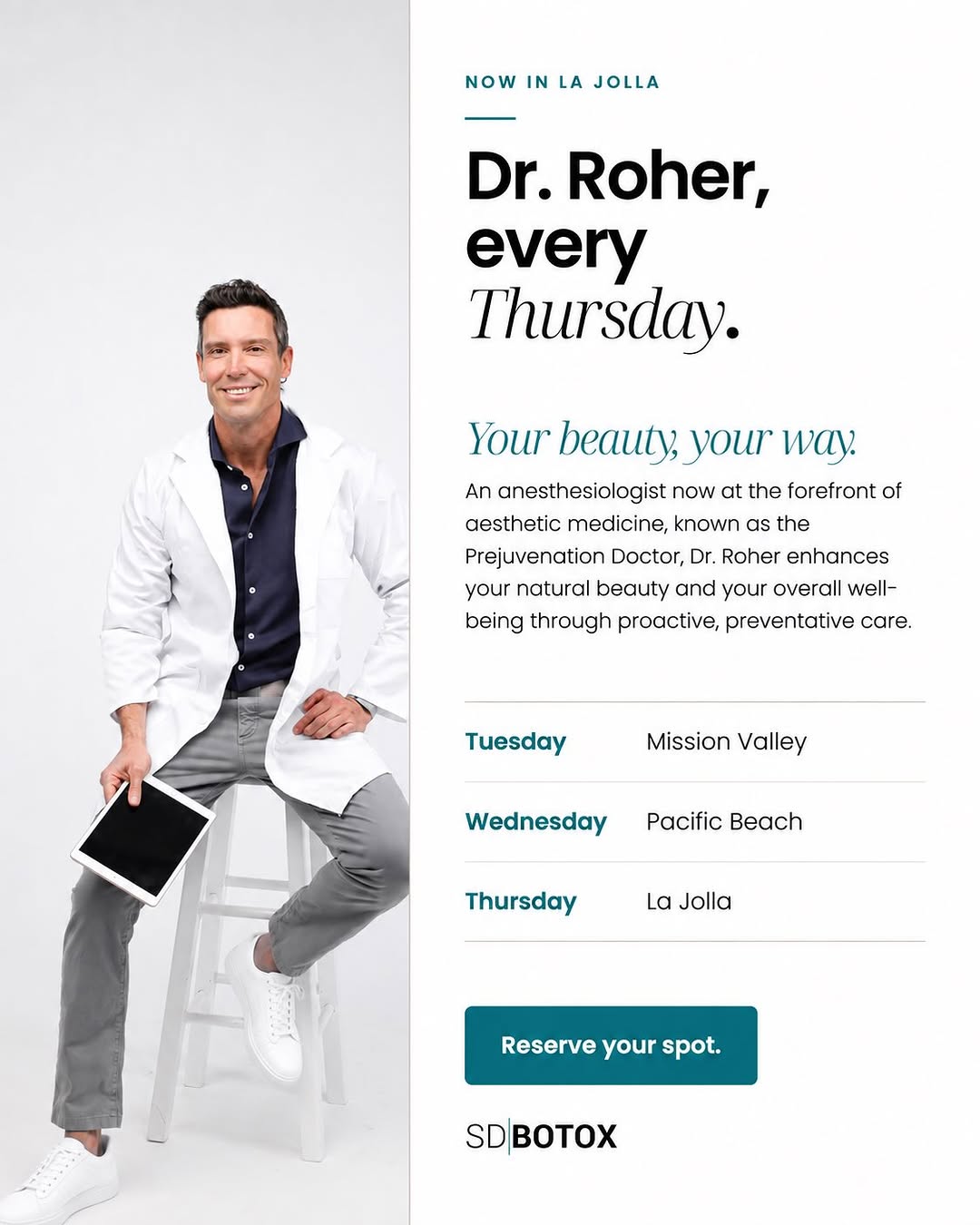 Instagram post by Dr. Alex Roher: 📍 LA JOLLA: Dr. Roher is now seeing patients on Thursdays! 👃✨ Looking for Liquid Rhinoplasty in La Jolla? Dr. Roher, the only SDBotox prov…