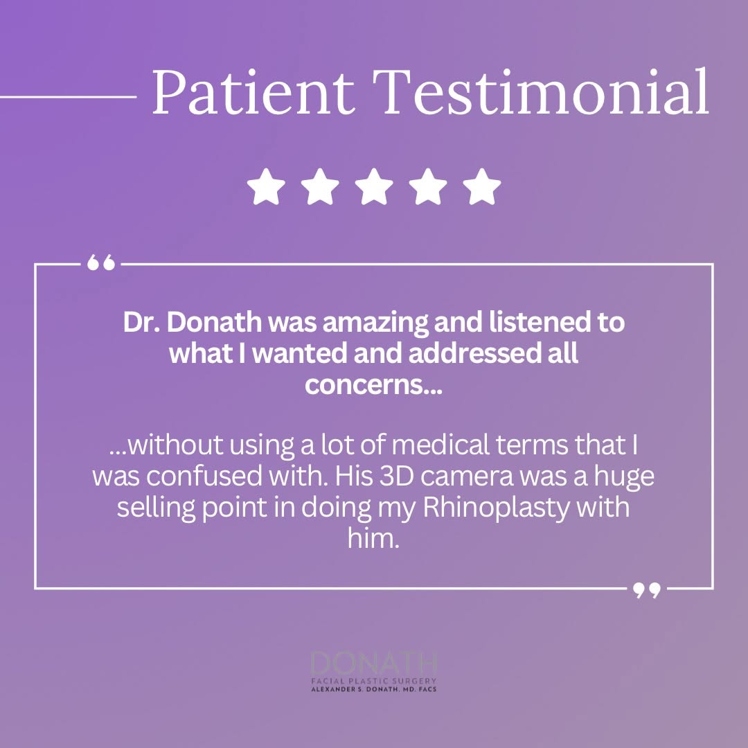 Instagram post by Dr. Alexander Donath: Happy #TestimonialTuesday 🤩 From another happy patient! 🤗 “Dr. Donath was amazing and listened to what I want and addressed all concerns w…