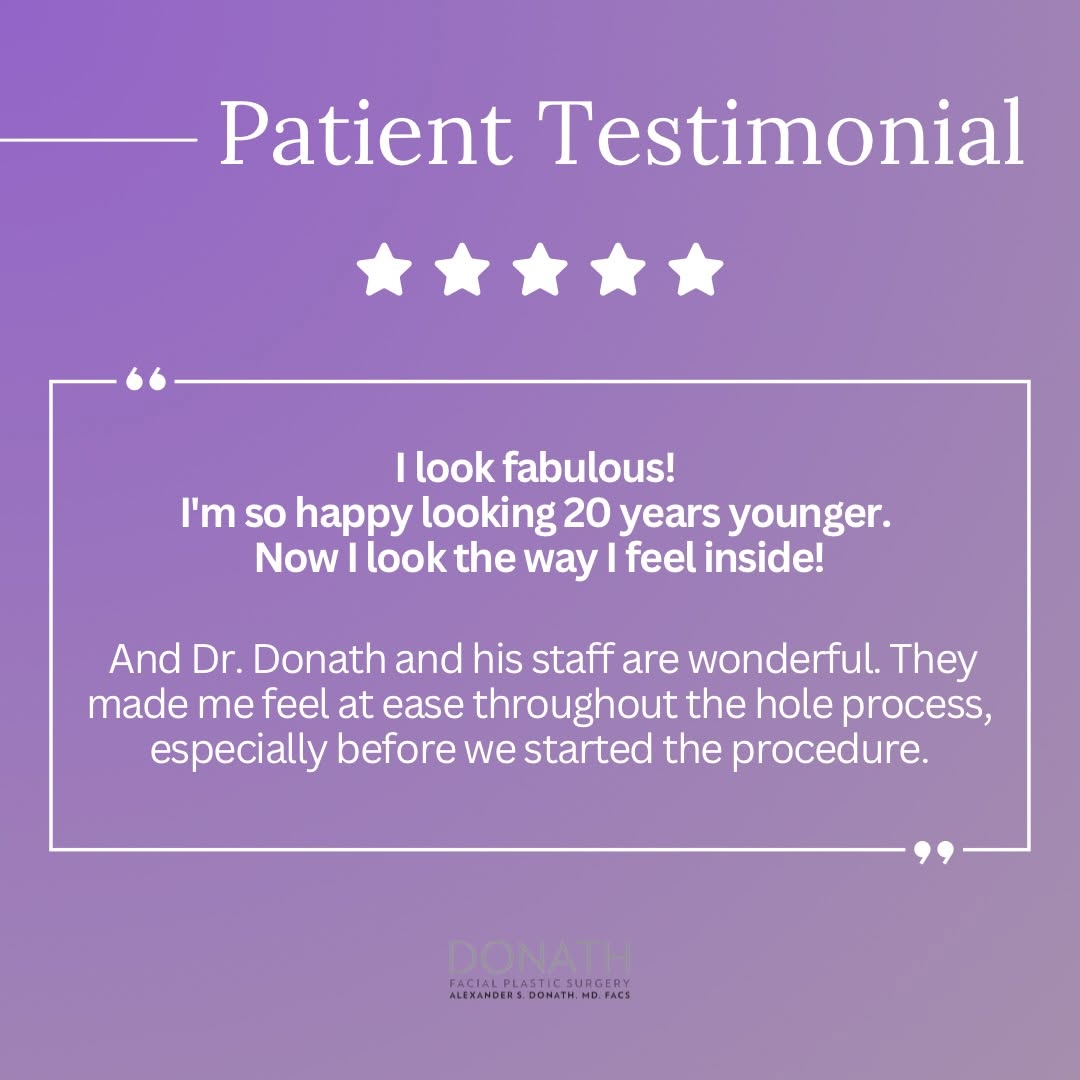 Instagram post by Dr. Alexander Donath: Happy #TestimonialTuesday 🤩 From another happy patient! 🤗 “I look fabulous! I’m so happy looking 20 years younger. Now I look the way I fe…