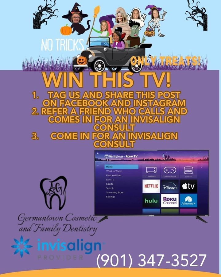 Instagram post by Dr. Alexandra Garrett, DDS: Enter to Win This TV! Share and tag us in your post Refer a Friend Come get a consult 901-347-3527 #invisalign #braces #straightteeth #memph…