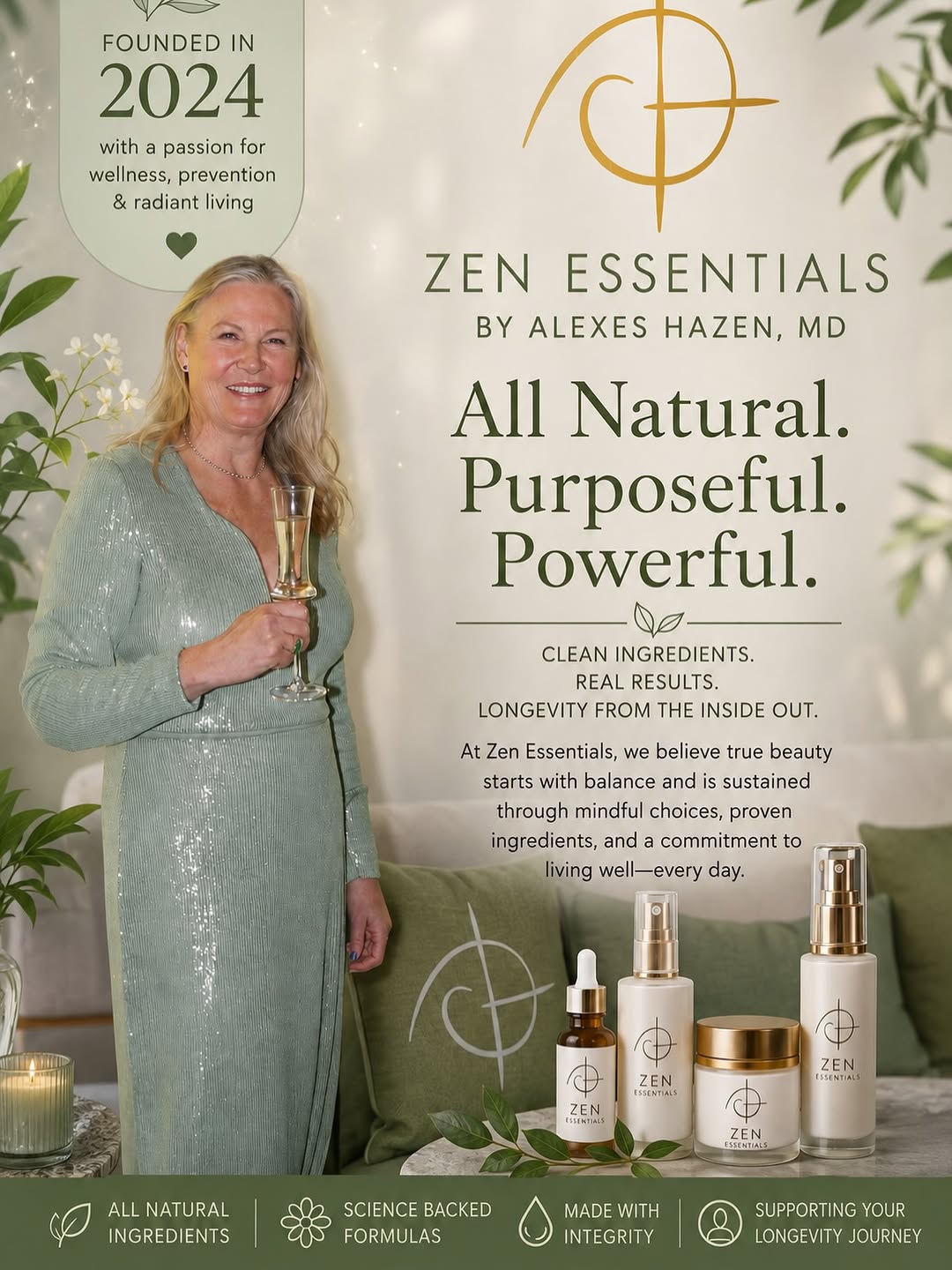 Instagram post by Dr. Alexes Hazen: Longevity inside and out! Use clean and all natural products on your gorgeous skin to keep it young and vibrant! #zen #longevity #skincare
