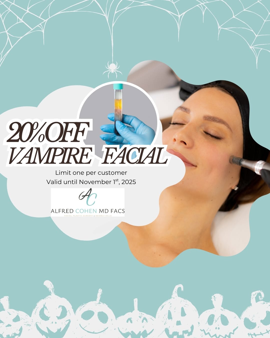 Instagram post by Dr. Alfred Cohen: 🧛♀️ Get 20% OFF PRP Microneedling (aka the “Vampire Facial”) now through Oct. 31! Boost collagen, smooth texture, and reveal radiant skin—…