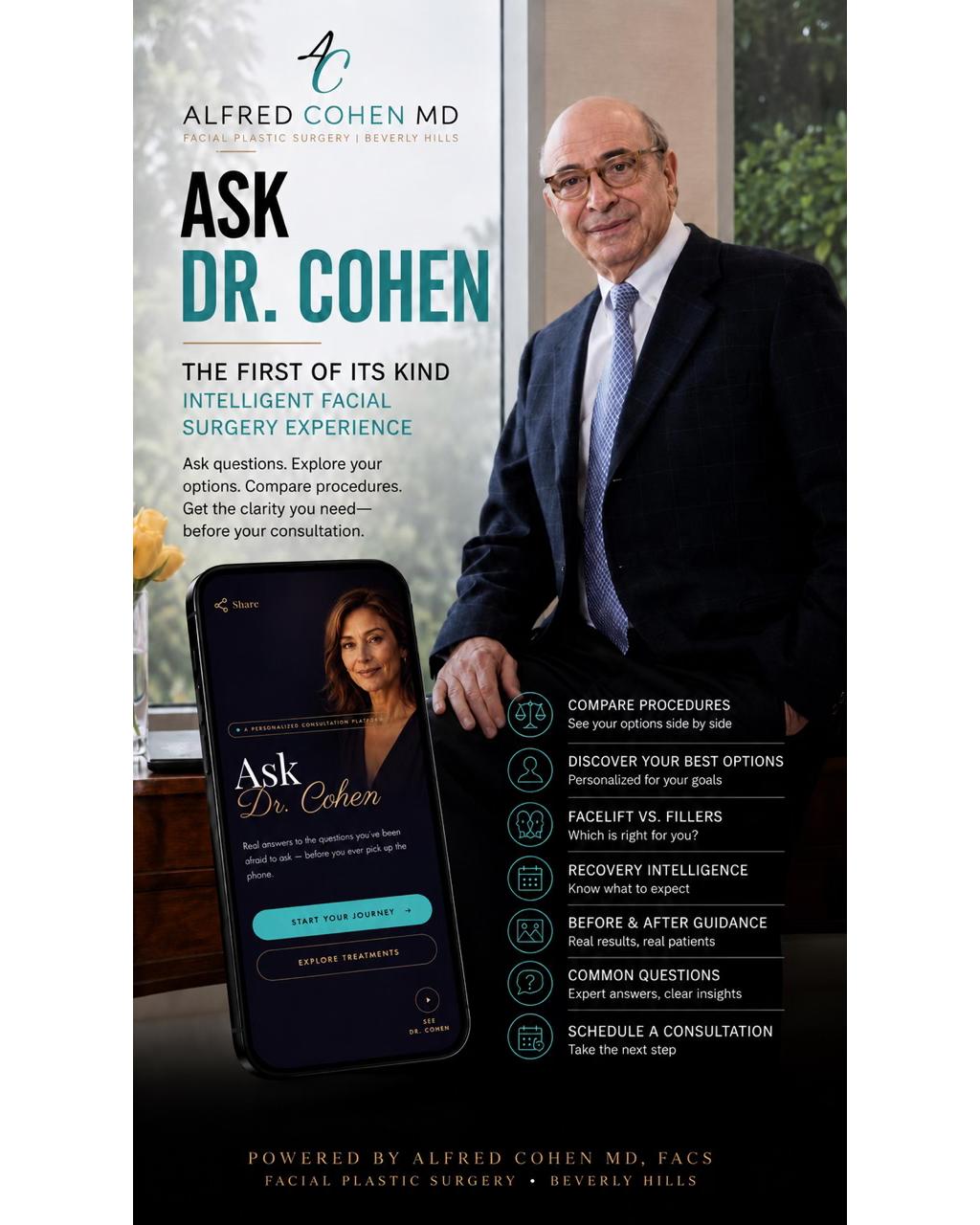 Instagram post by Dr. Alfred Cohen: Considering facial plastic surgery but not sure where to start? Ask Dr. Cohen helps you explore procedures, compare options, understand reco…