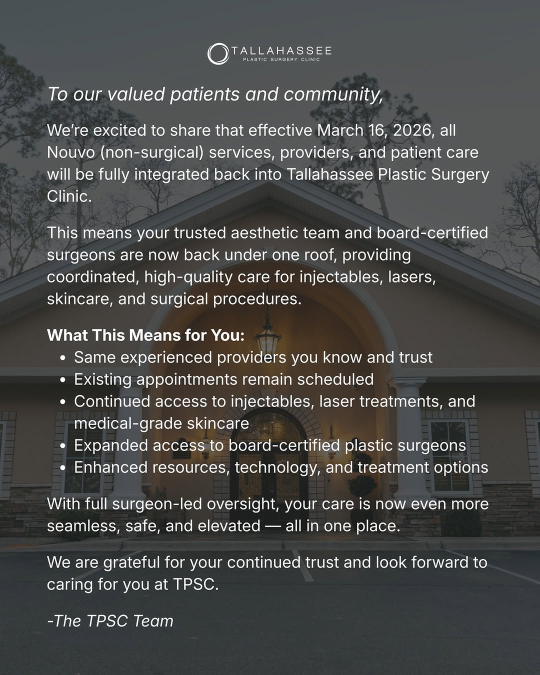 Instagram post by Dr. Alfredo A. Paredes Jr.: ✨ Exciting Update for Our Patients & Community ✨ Effective March 16, 2026, all Nouvo (non-surgical) services, providers, and patient care wi…