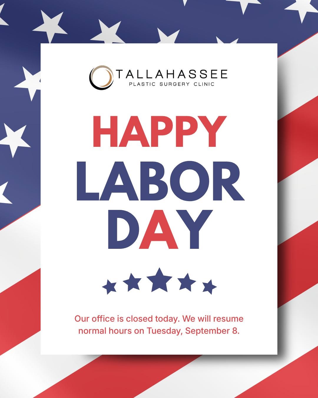 Instagram post by Dr. Alfredo A. Paredes Jr.: Happy Labor Day from all of us at Tallahassee Plastic Surgery Clinic! 🇺🇸✨ We hope you’re enjoying a relaxing long weekend with family and …