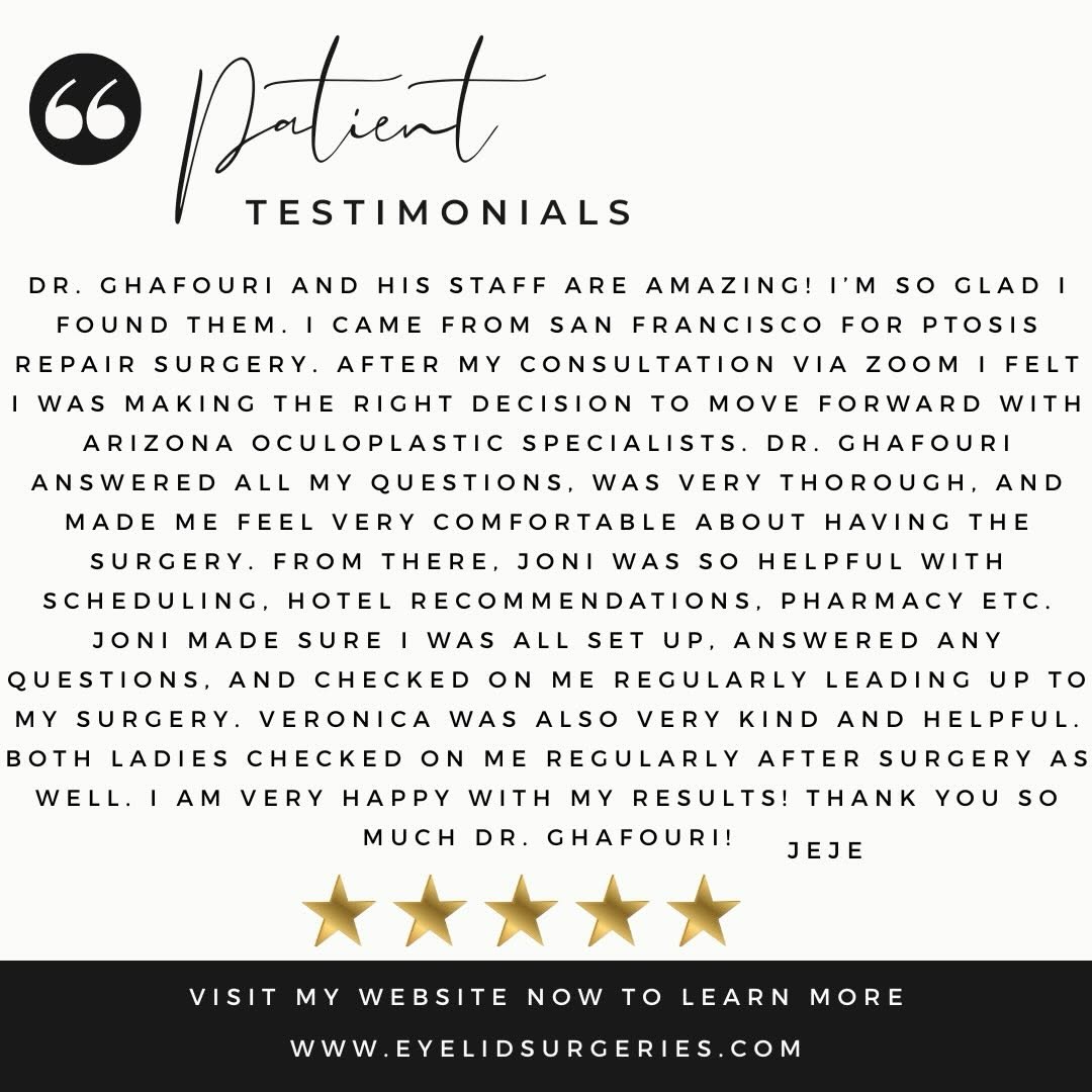 Instagram post by Dr. Ali Ghafouri: Many patients travel from other states to see Dr. Ghafouri. Here is another success story… #ptosisrepair #eyelidsurgery #oculoplasticsurgery…
