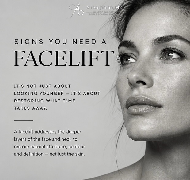 Instagram post by Dr. Ali Sajjadian: Signs your face may be ready for more than filler. If you’re noticing: • Jowls that weren’t there before • A softer or less defined jawline …