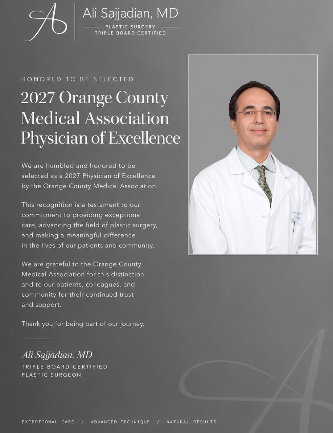 Instagram post by Dr. Ali Sajjadian: A meaningful honor and a true reflection of our commitment to our patients, our community, and the practice of plastic surgery. 🤍 Grateful …