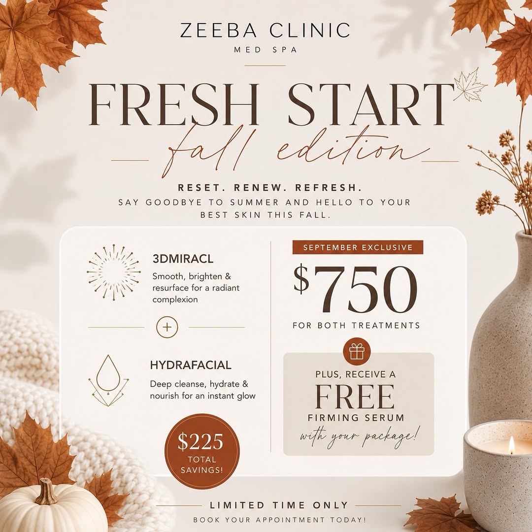 Instagram post by Dr. Ali Totonchi: 🍂 Fresh Start: Fall Edition 🍂 Say goodbye to summer skin and hello to your fall glow ✨ Our September exclusive pairs 3DMiracl + HydraFacia…