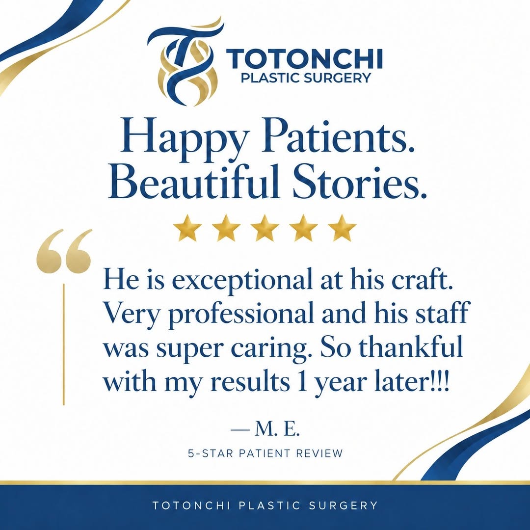 Instagram post by Dr. Ali Totonchi: One year later, and still sharing the love. 💙 ⭐⭐⭐⭐⭐ Thank you, M. E., for your kind words and for trusting Dr. Totonchi and our team. Heari…
