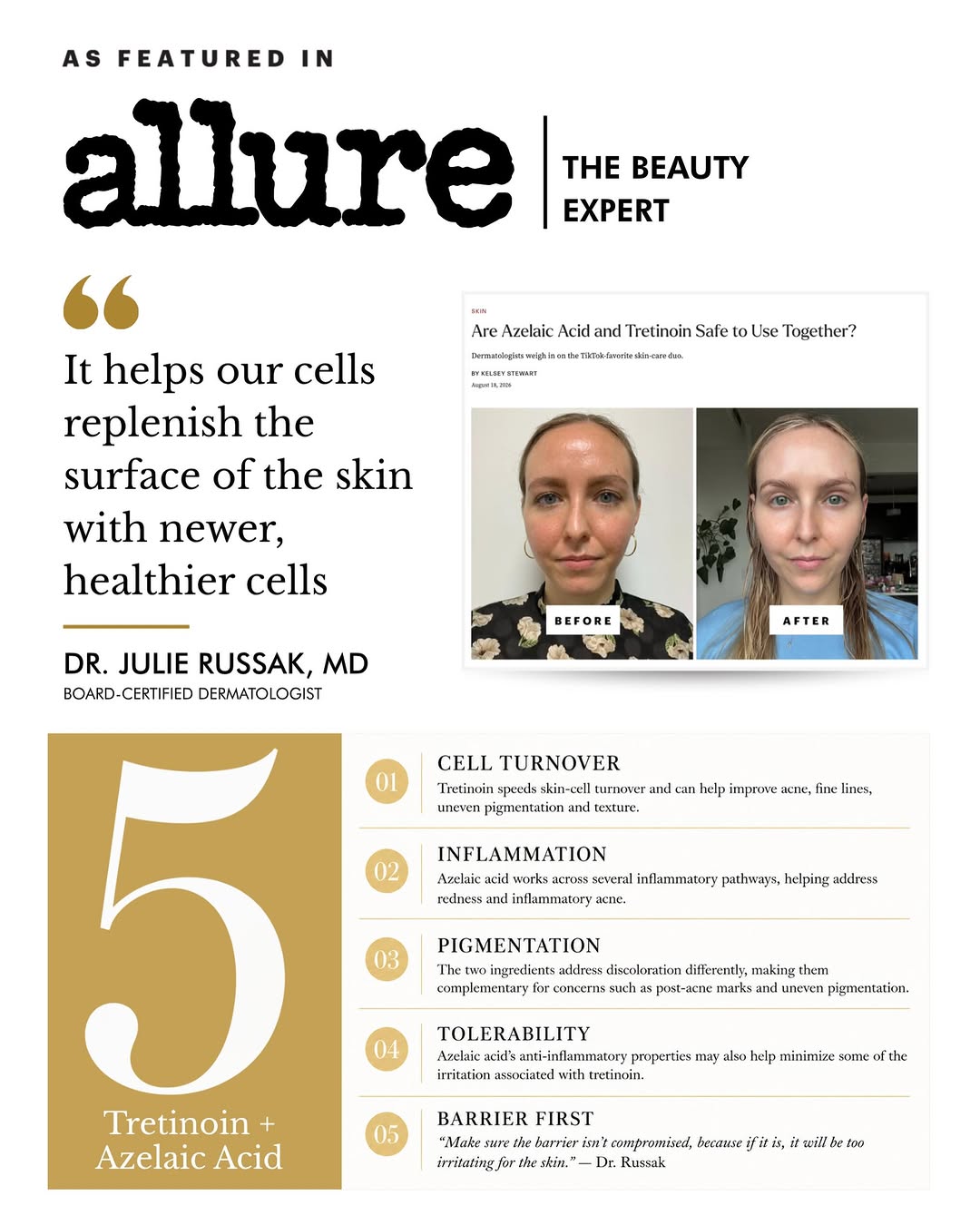 Instagram post by Dr. Amanda Doyle: Two powerhouse ingredients, one complementary approach. Featured in @Allure, Dr. Russak breaks down why tretinoin + azelaic acid can work so…