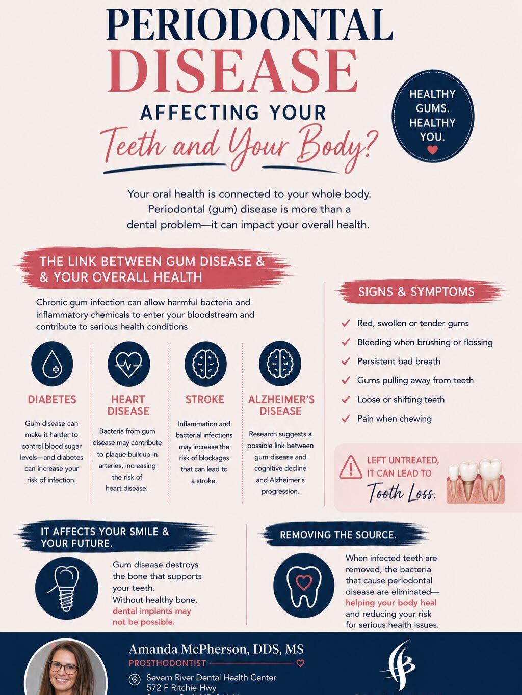 Instagram post by Dr. Amanda McPherson: Periodontal (Gum) disease is a silent killer. Bleeding gums are not normal and are likely a sign that something is lurking below the surface…