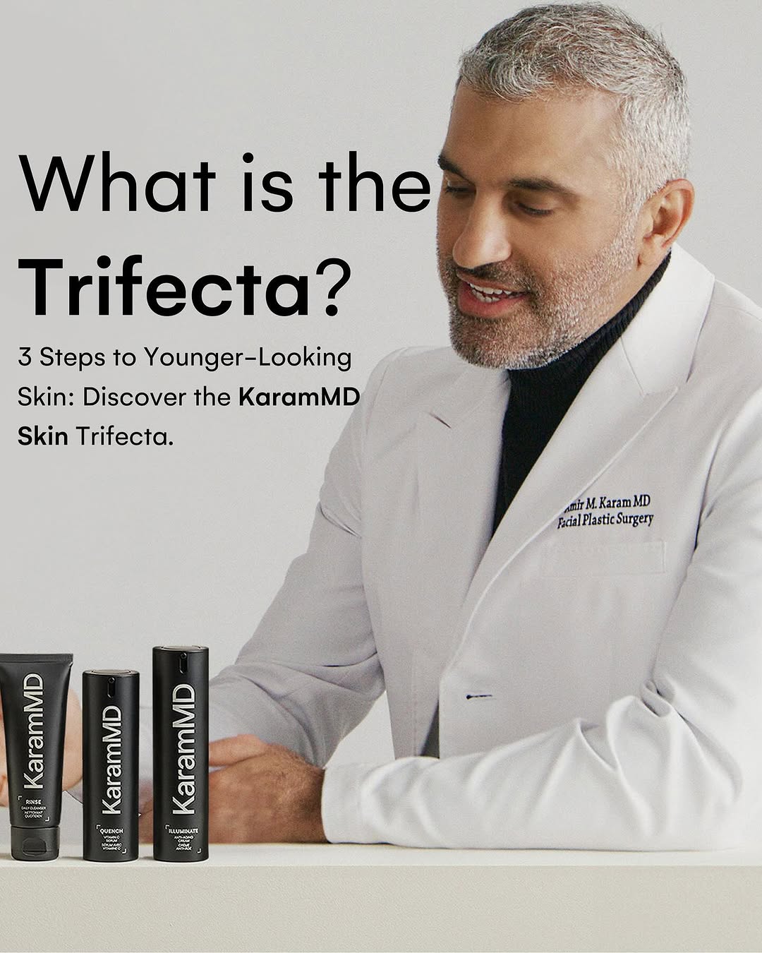 Instagram post by Dr. Amir M. Karam: I created the Trifecta for YOU. I saw how overwhelming and ineffective skincare could be, so I set out to create something different. My goa…