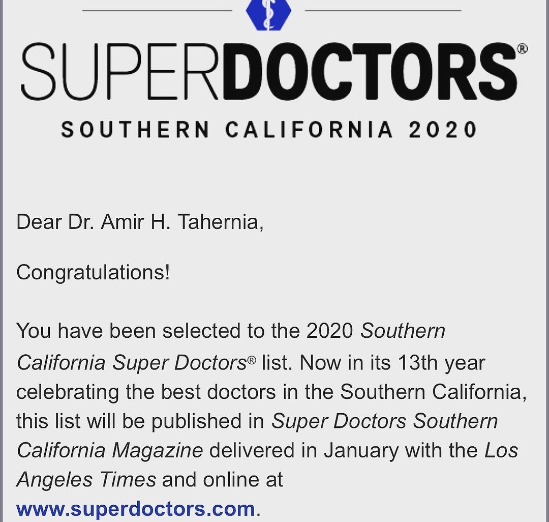 Instagram post by Dr. Amir Tahernia: Honored for this recognition. There’s no greater reward than being able to help improve the quality of someone’s life.