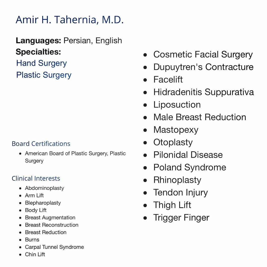 Instagram post by Dr. Amir Tahernia: A window into the wide range of procedures I provide my patients. This is from my bio page at a major local hospital where I operate.The bea…