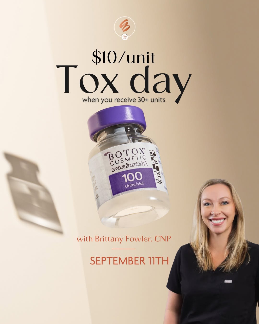 Instagram post by Dr. Amy Brenner: Last call to schedule for this Friday, September 11th, for our Tox Day! 💉 See Brittany Fowler, CNP for $10 per unit on Botox or Dysport at …