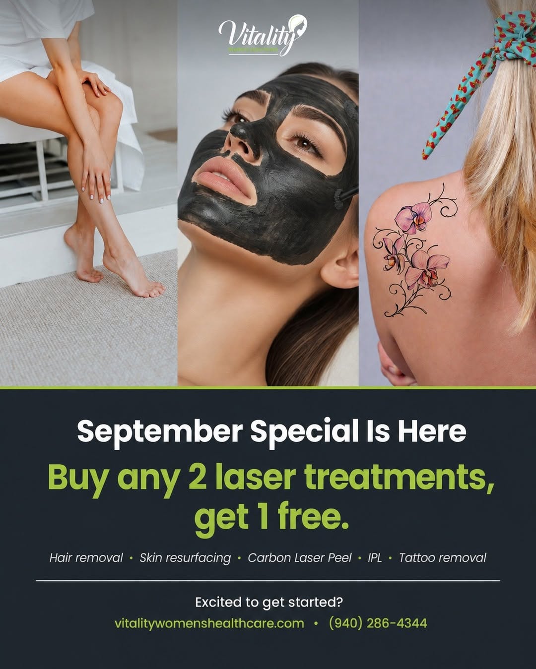 Instagram post by Dr. Amy Klein, DO: It's here — buy any 2 laser treatments this September and the 3rd is on us. Hair removal, skin resurfacing, Carbon Laser Peel, IPL, or tatto…