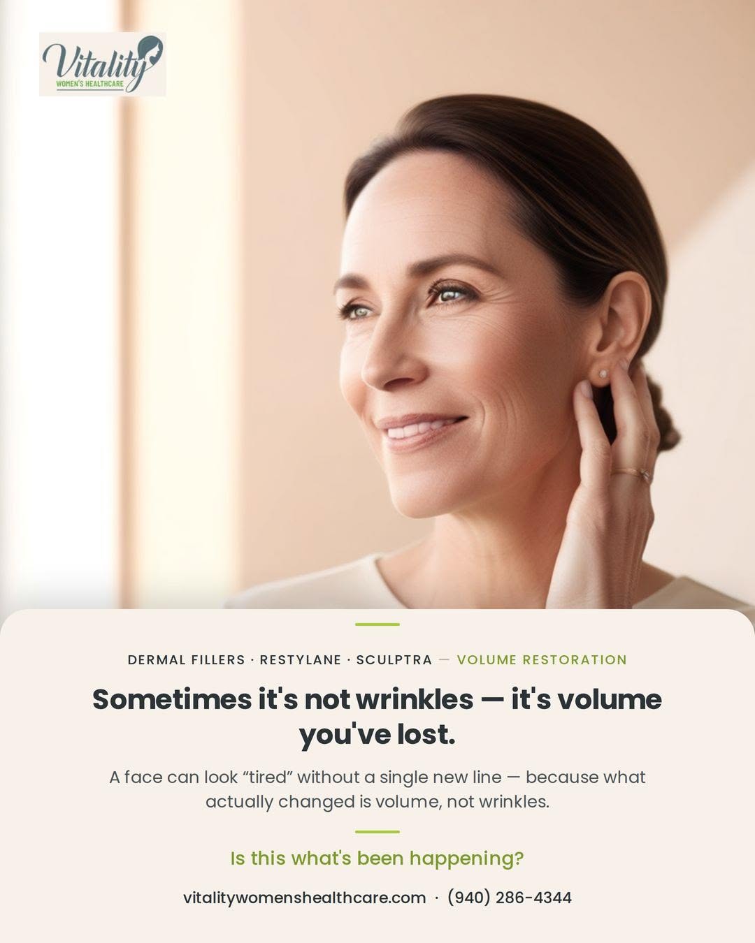 Instagram post by Dr. Amy Klein, DO: Sometimes it's not wrinkles — it's volume you've lost. A face can look "tired" without a single new line, because what actually changed is v…