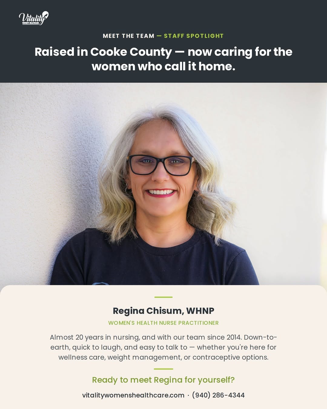 Instagram post by Dr. Amy Klein, DO: Meet Regina Chisum, WHNP — one of the familiar faces behind Vitality Women's Healthcare. Regina has spent almost 20 years in nursing and has…