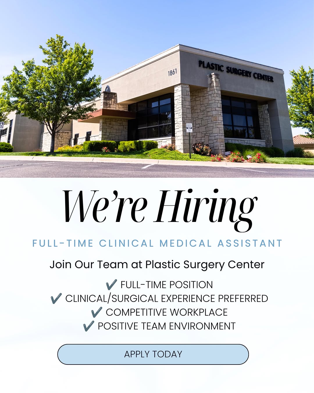 Instagram post by Dr. Amy M. Sprole: We’re growing our team! Plastic Surgery Center is looking for a 𝗙𝘂𝗹𝗹-𝗧𝗶𝗺𝗲 𝗖𝗹𝗶𝗻𝗶𝗰𝗮𝗹 𝗠𝗲𝗱𝗶𝗰𝗮𝗹 𝗔𝘀𝘀𝗶𝘀𝘁𝗮𝗻𝘁 to join…