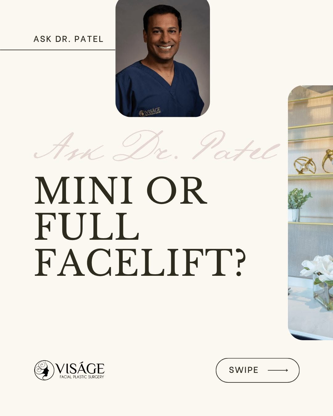 Instagram post by Dr. Anand D. Patel: ASK DR. PATEL What is the difference between a mini and full facelift? A mini facelift is typically designed for earlier signs of aging, suc…
