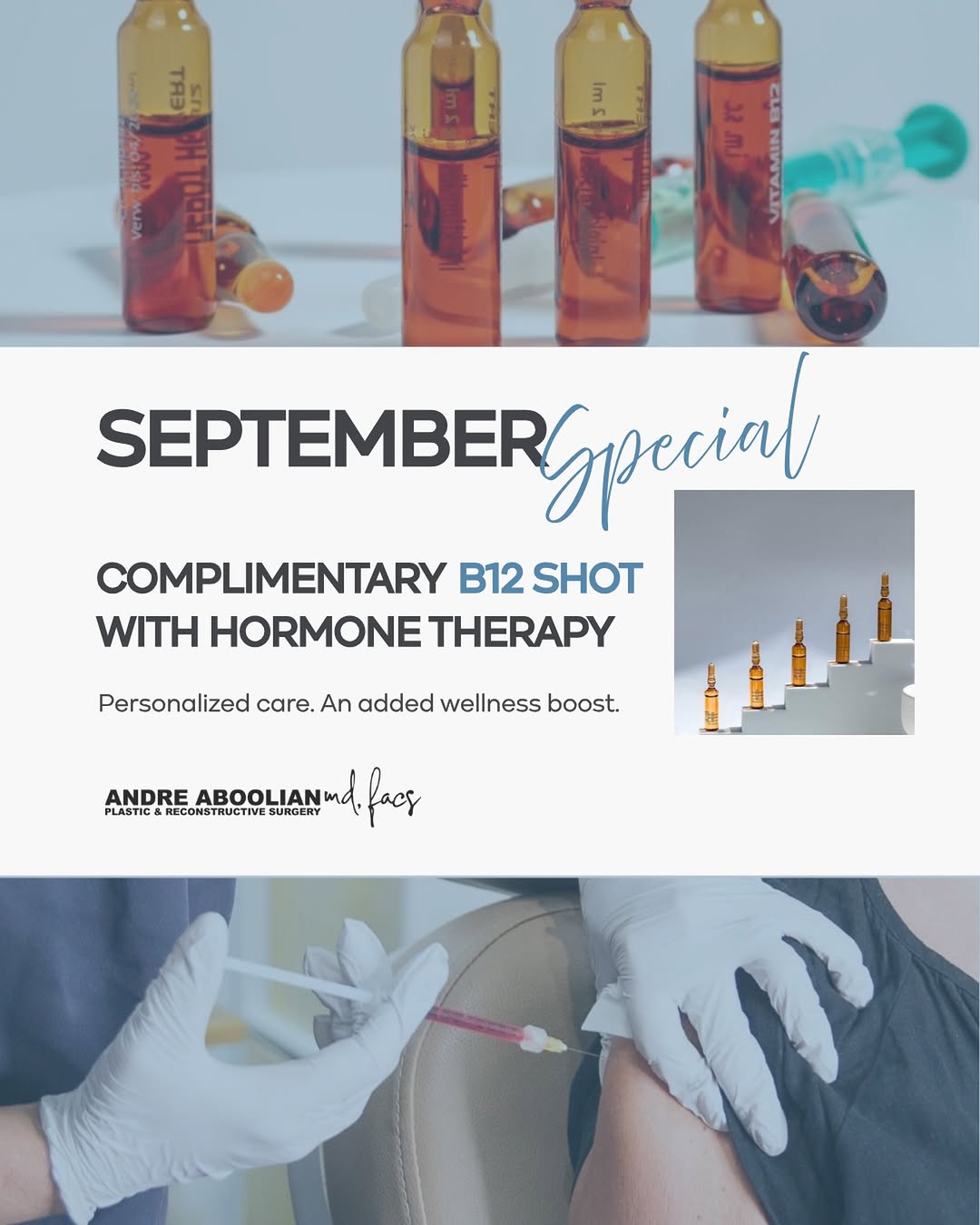 Instagram post by Dr. Andre Aboolian: Support your wellness from the inside out. This September, receive a complimentary B12 shot with hormone therapy. Hormone therapy is individ…