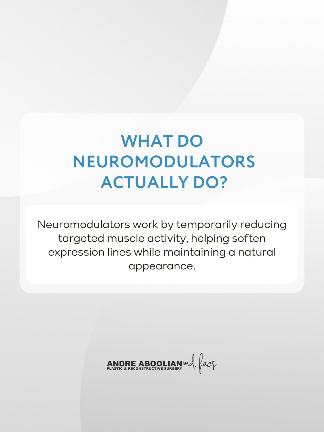 Instagram post by Dr. Andre Aboolian: Neuromodulators don’t fill wrinkles - they work on the muscles that create them. Treatments such as Botox, Dysport, and Letybo temporarily r…