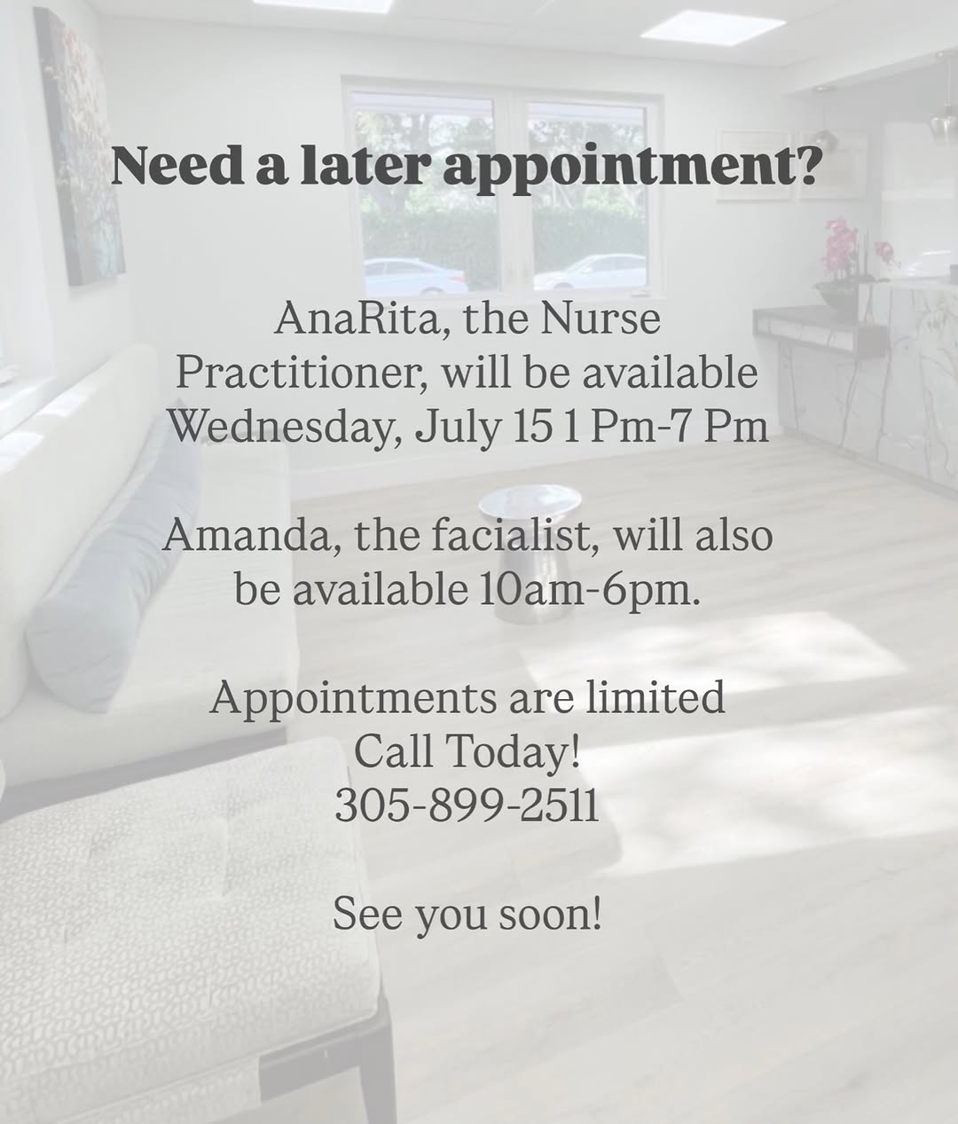 Instagram post by Dr. Andrea B. Trowers: We will be open for medical appointments on Wednesday July 15th 1pm-7pm. Facials available from 10am-6pm Call now to book your late day appo…