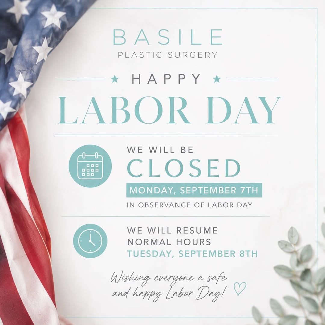 Instagram post by Dr. Andrea Basile: 🇺🇸 **LABOR DAY HOLIDAY HOURS** 🇺🇸 Basile Plastic Surgery will be closed Monday, September 7th in observance of Labor Day. We will resume…