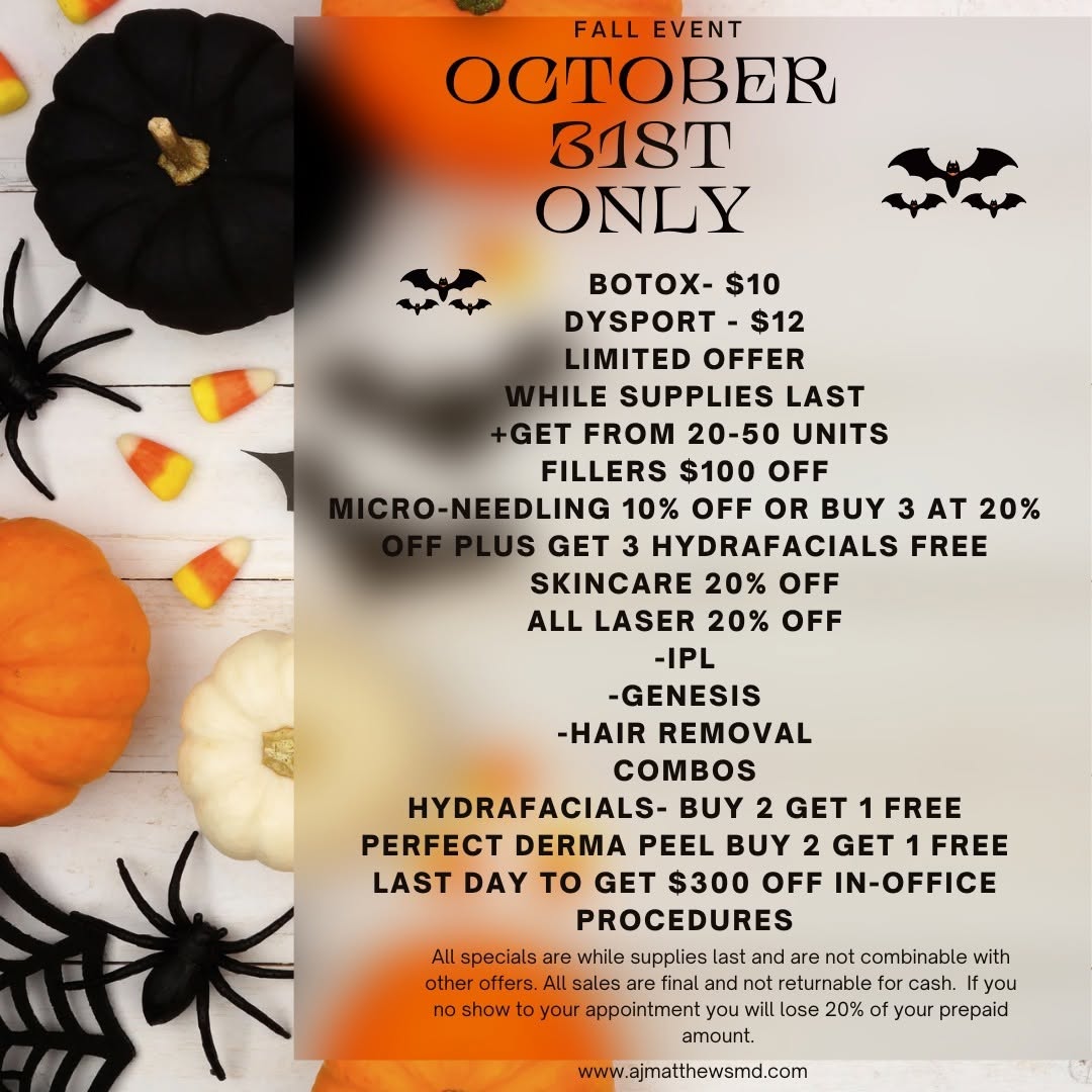 Instagram post by Dr. Andrew J. Matthews: SPECIAL PRICING FOR OUR EVENT THURSDAY OCTOBER 31ST!!!! COME IN FOR 2 FREE RAFFLE TICKETS....