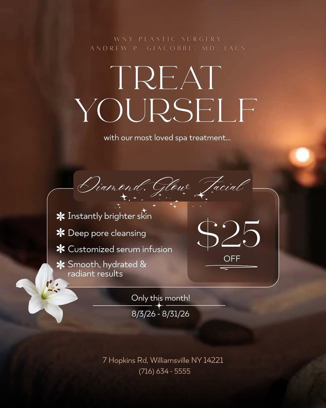Instagram post by Dr. Andrew P. Giacobbe: Surprise! We have a new August special for you…🧖🏼♀️ Get $25 off our ⋆˚࿔ ⟡ 🌸 Diamond Glow® Facial 🌸⋆˚࿔ ⟡ Diamond Glow® is one of our mos…
